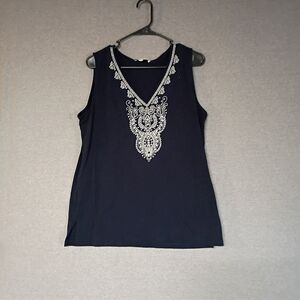 Jones New York Navy Embroidered Tank Top XL Navy/White